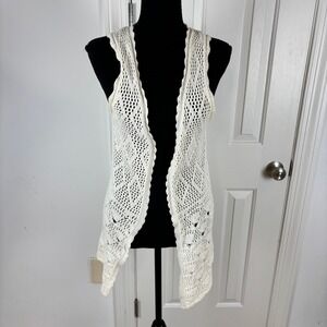 Mudd Womens Crochet Knit Vest Cream Ivory Open Front Pointelle JSM31207 Medium